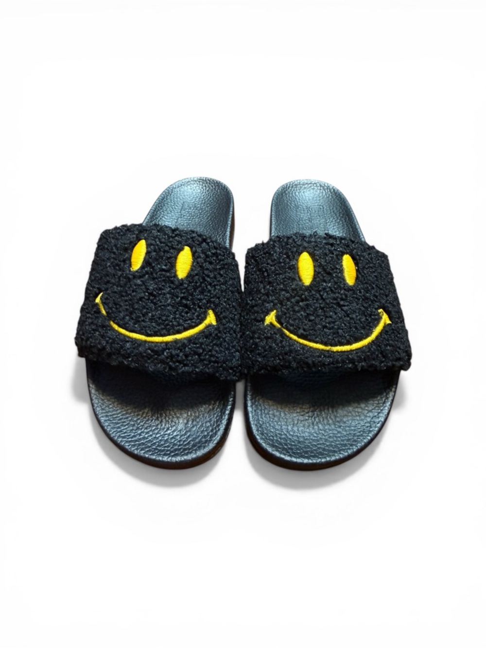 Kids Black Slide Sandals with Yellow Smiley Accent